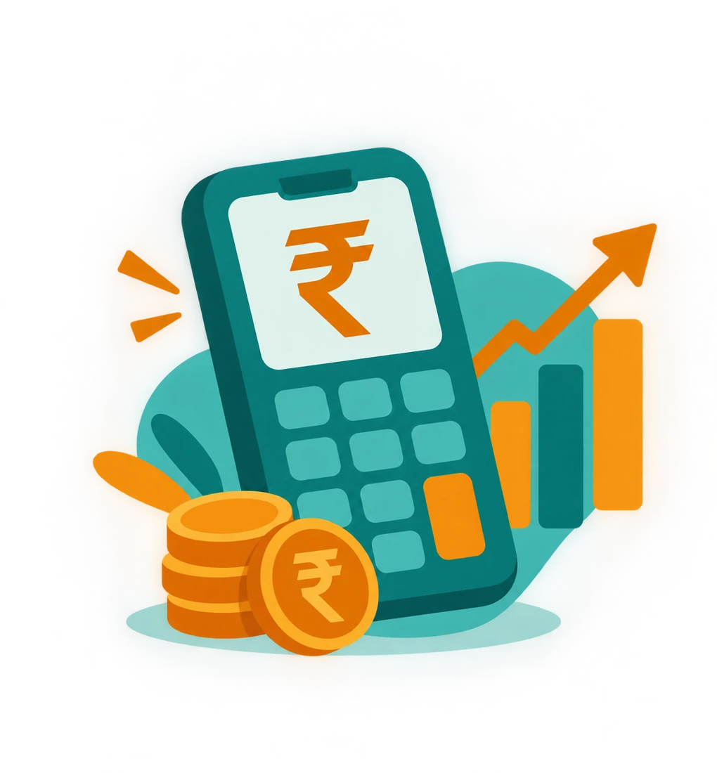 Illustration of a rupee coin, calculator and rising savings graph